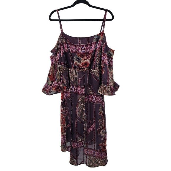 Venus Bohemian Floral High Low Cold Shoulder‎ Dress L Ox Blood Velvet Burnout - Picture 8 of 11